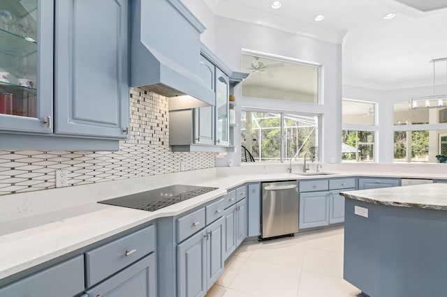 kitchen featuring a sink, black electric stovetop, crown molding, premium range hood, and stainless steel dishwasher