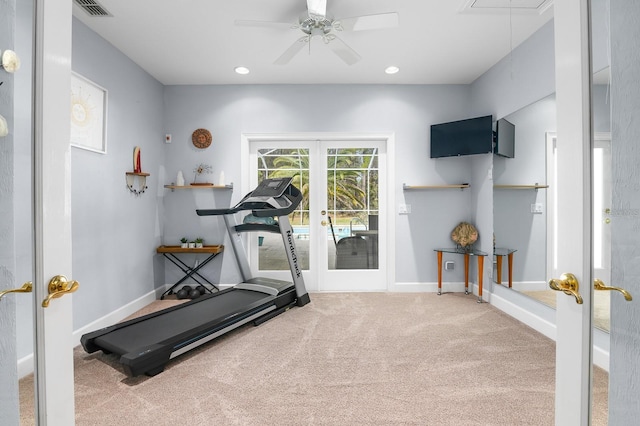 workout room featuring carpet floors, french doors, recessed lighting, attic access, and baseboards