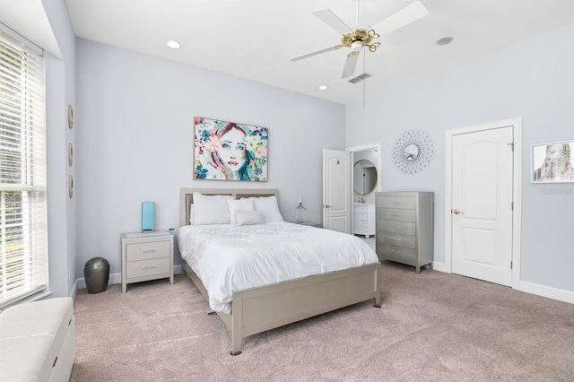 bedroom featuring light carpet, visible vents, baseboards, a ceiling fan, and recessed lighting