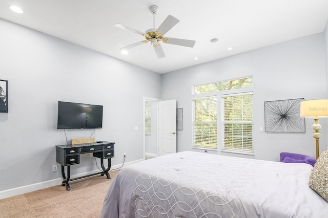 carpeted bedroom with baseboards, a ceiling fan, and recessed lighting