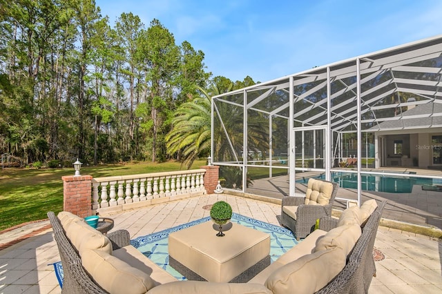 view of patio with a lanai, an outdoor pool, and an outdoor hangout area