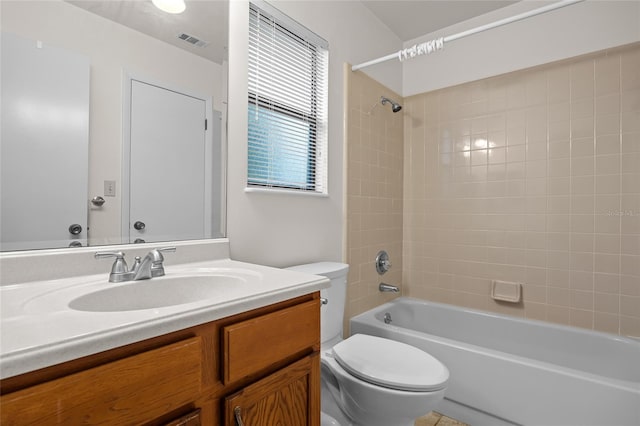 full bath featuring toilet, vanity, visible vents, and shower / bathing tub combination