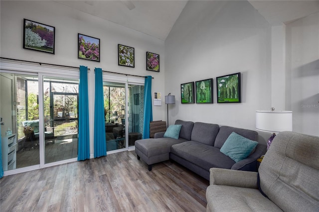 living area with high vaulted ceiling and wood finished floors