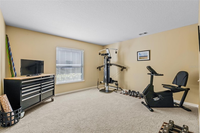 workout area with a textured ceiling, carpet, visible vents, and baseboards