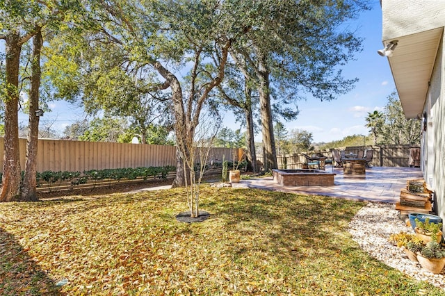 view of yard with a patio area, a fenced backyard, and a fire pit