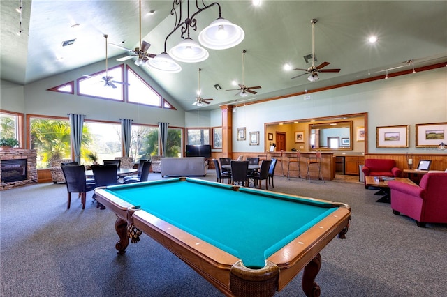 playroom with high vaulted ceiling, visible vents, a fireplace, and carpet floors