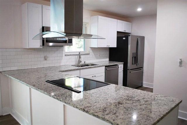 kitchen featuring backsplash, extractor fan, light stone countertops, stainless steel appliances, and a sink