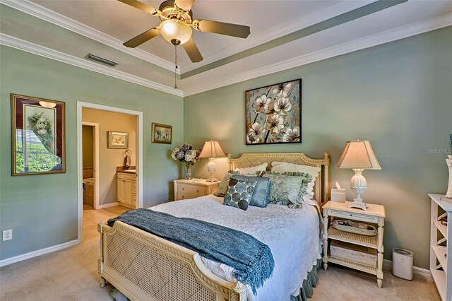 bedroom featuring carpet floors, baseboards, visible vents, and ornamental molding