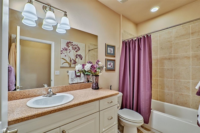 full bathroom with shower / bath combination with curtain, vanity, toilet, and recessed lighting