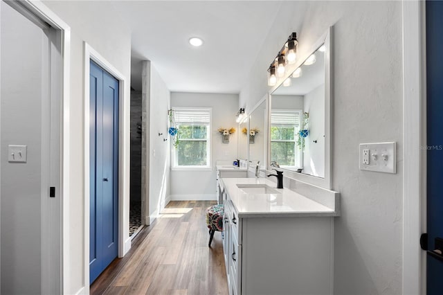 bathroom with walk in shower, wood finished floors, vanity, and baseboards