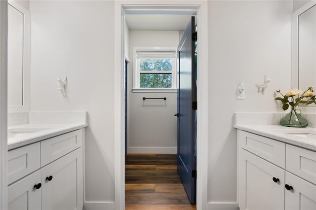 bathroom featuring two vanities, a sink, baseboards, and wood finished floors