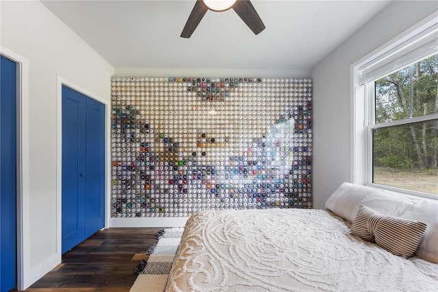 bedroom with a closet, a ceiling fan, and wood finished floors