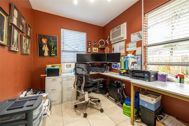 office with light tile patterned floors and a wall mounted AC