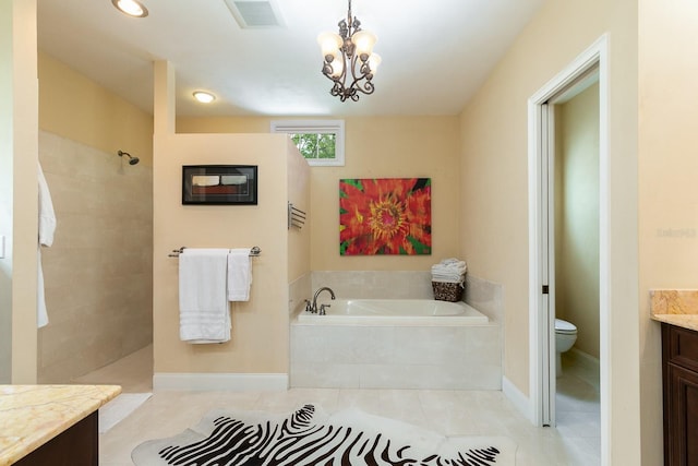 full bath with visible vents, tiled shower, a garden tub, tile patterned flooring, and vanity