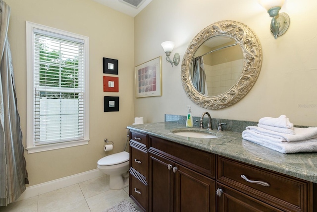 full bath with tile patterned flooring, toilet, vanity, baseboards, and a shower with curtain