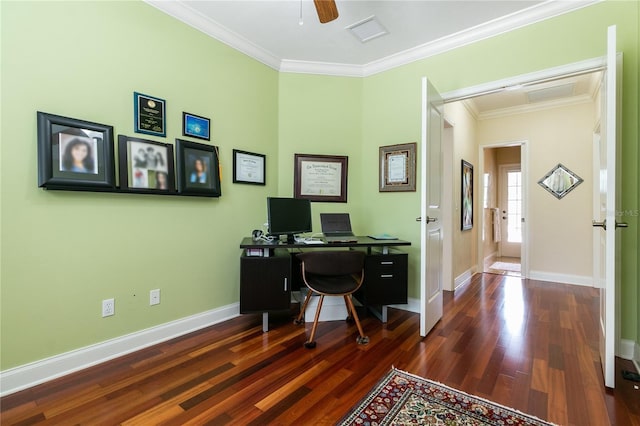 office with crown molding, visible vents, baseboards, and wood finished floors