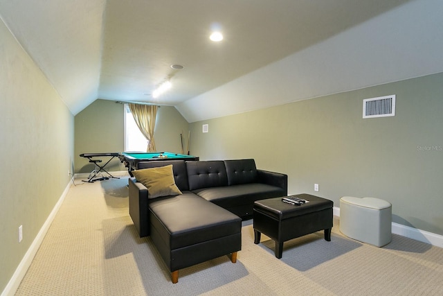 game room featuring light colored carpet, pool table, visible vents, vaulted ceiling, and baseboards