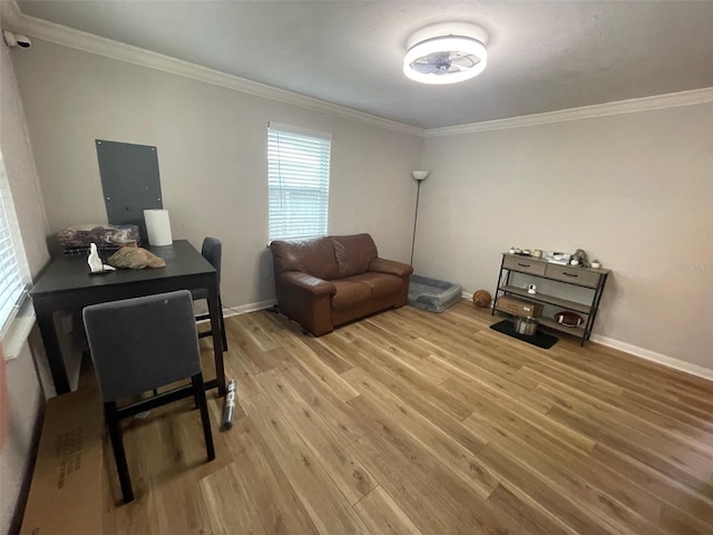 interior space with crown molding, light wood-style flooring, and baseboards