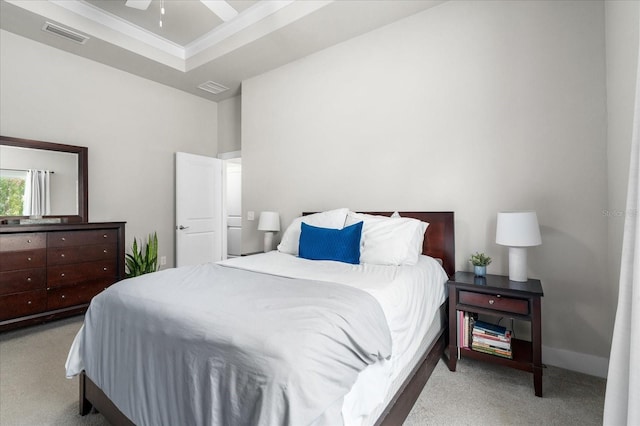 bedroom featuring carpet flooring, ceiling fan, visible vents, and a towering ceiling
