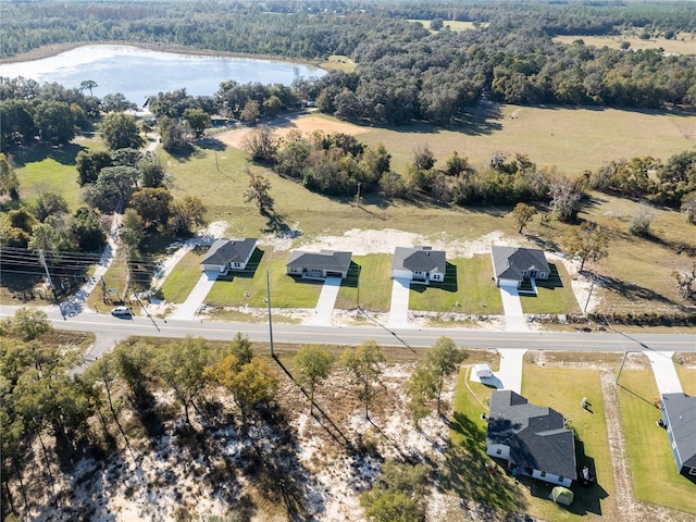 bird's eye view with a water view and a wooded view