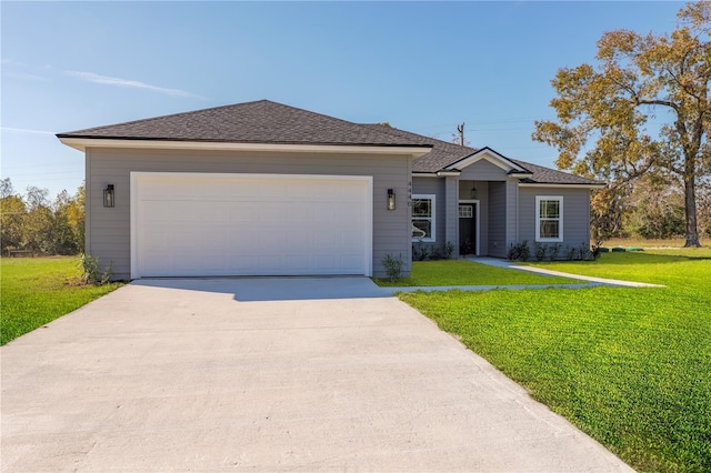 ranch-style house with a garage, driveway, a front lawn, and roof with shingles