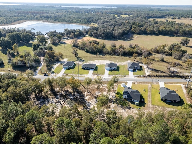 aerial view featuring a water view and a view of trees