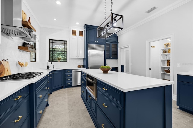 kitchen featuring open shelves, stainless steel appliances, visible vents, wall chimney range hood, and blue cabinets