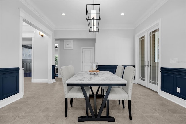 dining area featuring recessed lighting, french doors, light tile patterned flooring, and crown molding