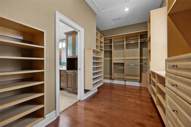 spacious closet featuring visible vents and dark wood finished floors