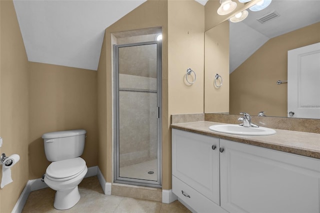 bathroom with toilet, a stall shower, tile patterned flooring, and visible vents