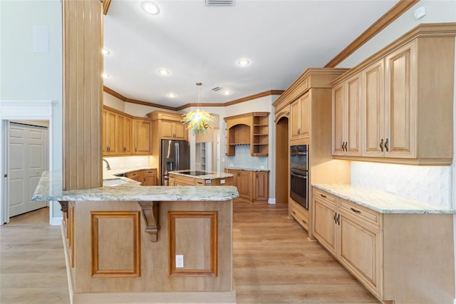 kitchen with open shelves, ornamental molding, light wood-type flooring, and stainless steel appliances