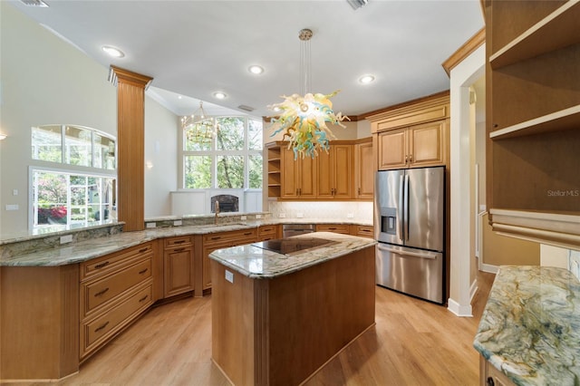 kitchen with open shelves, light wood-style floors, stainless steel fridge with ice dispenser, black electric stovetop, and light stone countertops