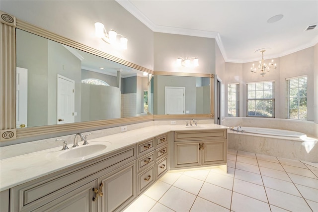 full bath featuring a sink, ornamental molding, tile patterned floors, and a bath