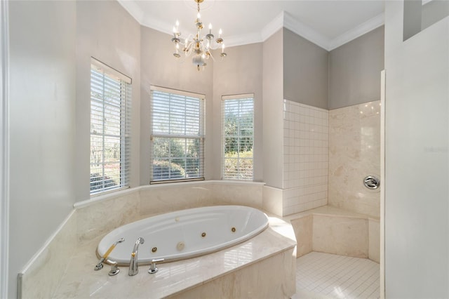 bathroom featuring tiled shower, a jetted tub, a chandelier, and crown molding