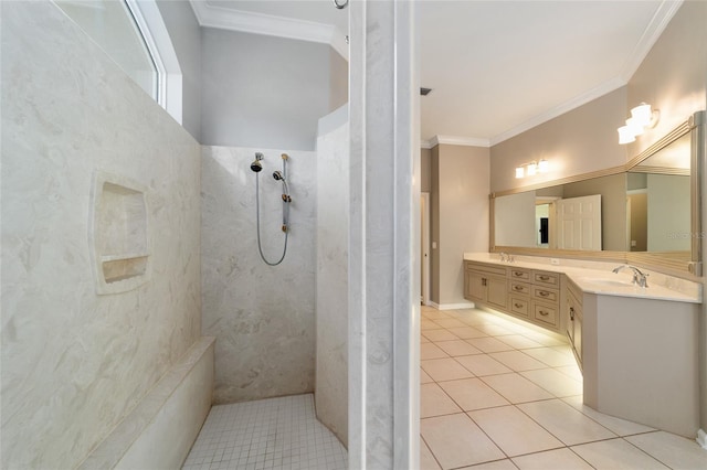 full bathroom featuring tiled shower, double vanity, a sink, tile patterned flooring, and ornamental molding