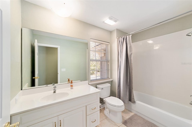 full bath with tile patterned floors, toilet, shower / bath combo, and vanity