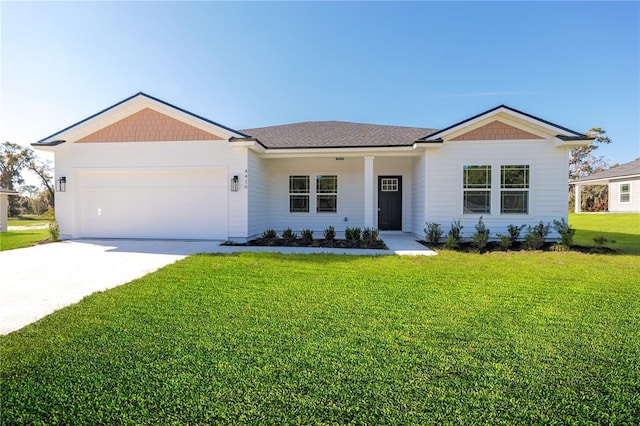 single story home featuring driveway, an attached garage, a front lawn, and roof with shingles