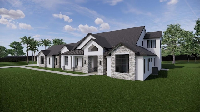 view of front of house featuring a standing seam roof, a front yard, stone siding, and metal roof