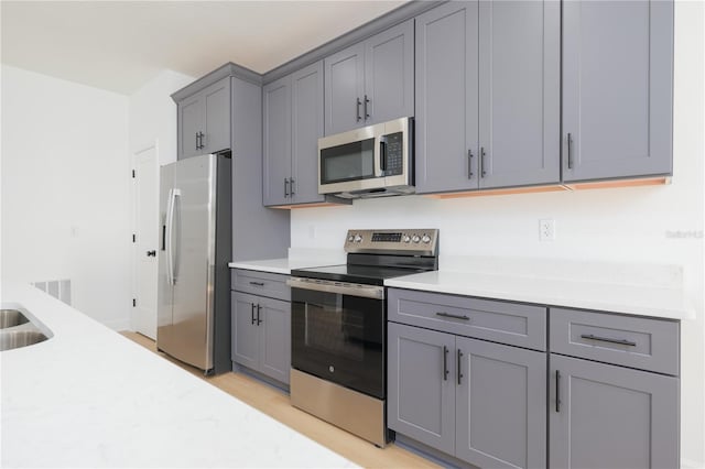 kitchen with appliances with stainless steel finishes, gray cabinets, visible vents, and a sink