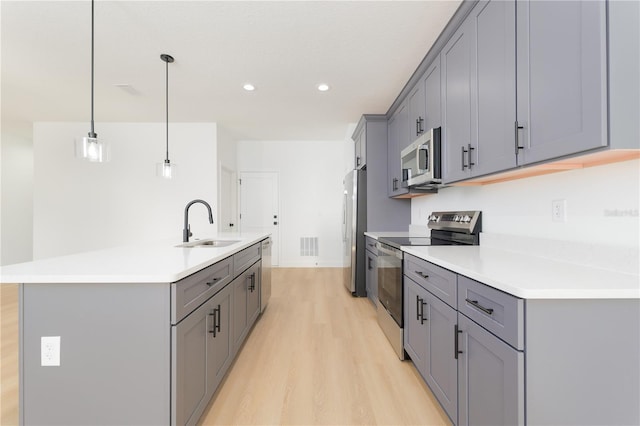 kitchen featuring stainless steel appliances, gray cabinets, a sink, and a center island with sink