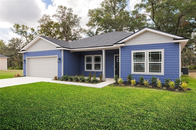 ranch-style house featuring a garage, a shingled roof, concrete driveway, cooling unit, and a front lawn