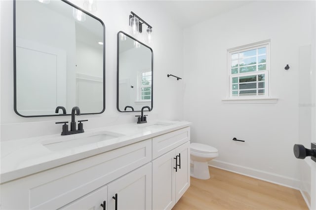 full bathroom featuring double vanity, wood finished floors, a sink, and toilet