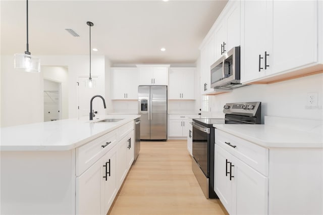 kitchen with light wood-style flooring, a sink, visible vents, white cabinetry, and appliances with stainless steel finishes