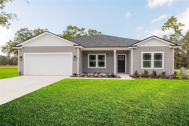 single story home featuring an attached garage, driveway, roof with shingles, and a front yard