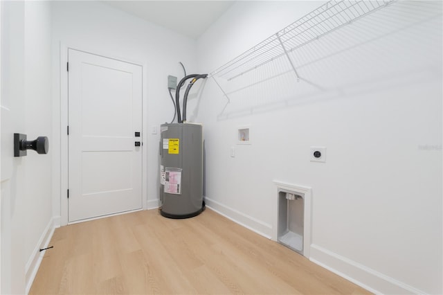 washroom with laundry area, light wood-style flooring, water heater, washer hookup, and electric dryer hookup