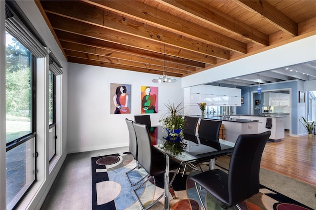 dining room featuring wood ceiling, a notable chandelier, baseboards, and beam ceiling