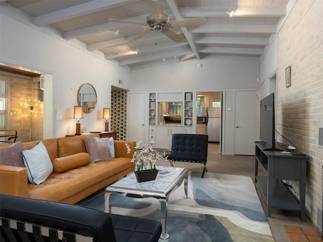 living area featuring a wood stove, high vaulted ceiling, a ceiling fan, and beam ceiling