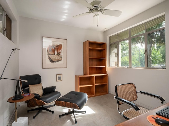 office area featuring a ceiling fan and wood finished floors