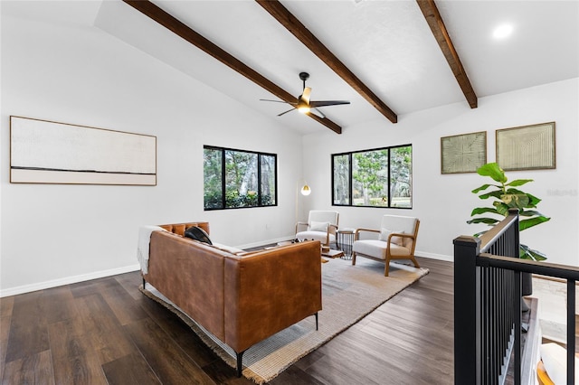 living room with vaulted ceiling with beams, ceiling fan, baseboards, and dark wood finished floors