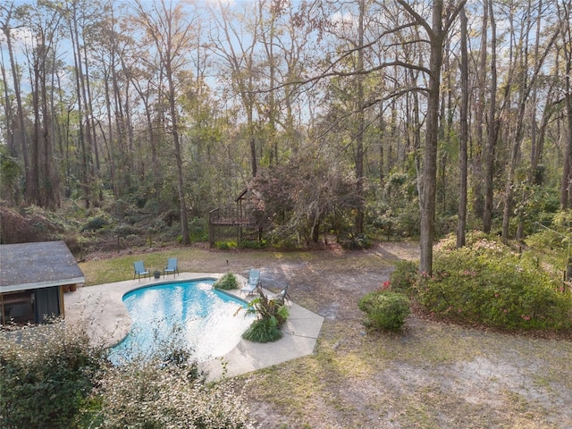 outdoor pool with a forest view and a patio area